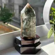 Top! 0.34kg Natural Ghost Quartz Obelisk Reiki Crystal Wand Point Tower + Stand