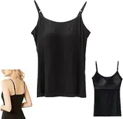 Medicle 2 in 1 Women's Basic Seamless Camisole Solid Color Spaghetti Straps Slim Fit Cotton Adjustable Spaghetti Straps Tank Top for Everyday Casual Wear, Tank Top with Built-in Bra Black