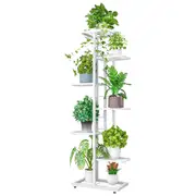 DelSol Plant Stand Metal 7 Tier 8 Potted Multiple Flower Pot Holder Shelf Indoor Outdoor Planter Display Shelving Unit for Patio Garden Corner White