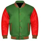 Varsity College Baseball Bomber Lettermen F.Green Wool & Red Leather Jacket