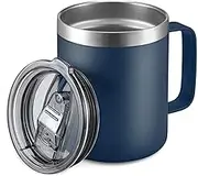 400mL Stainless Steel Insulated Coffee Mug with Handle, Double Wall Vacuum Travel Tumbler Cup with Sliding Lid, Navy. Ideal for Daily use.