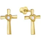 14K Real Solid Gold Cubic Zirconia Cross Sleeper Studs Earrings Screw-back