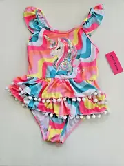 Betsey Johnson Big Girls 14 1 Pc Swimsuit Ruffle Unicorn Pom Pom Pink Sequin