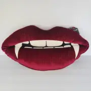 '25 Vampire Red Lips Fangs Halloween Decorative Throw Pillow Glitter Shimmer 18"