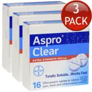 3 x Aspro Clear Extra Strength 16 Soluble Effervescent Tablets 500mg Pain Relief
