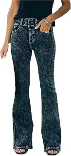 [Generic] Women High Waisted Double Button Wide Leg Jeans Luscious Curvy Office Bootcut Denim Pants Loose Fit Long Flared Jean Pants