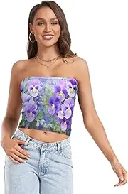 [RPLIFE] Pansy Flowers Purple Crop Top Strapless Crop Top, Sheer Tube Tops, Trendy Crop Tops (S)
