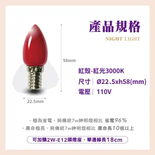 舞光LED 0.5W E12燈頭 神明小夜燈(2入裝) 神桌燈 光明燈 超省電取代鎢絲2W燈泡 (6.8折)