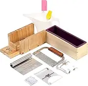 Soap Making Kit 42oz Loaf Silicone Mold Multi-Function Adjustable Wood Soaps Cutting Box with Stainless Steel Wavy & Straight Cutter
