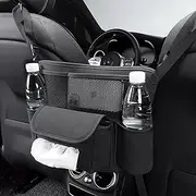 Car Net Pocket Handbag Holder, Large Capacity Car PU Leather Bag for Seats, Center Console Tidying Organisers for Car Trip,Bag,Phone,Keys,Drink,Tissue,Sunglass, Barrier of Backseat Kids Pet (Black)