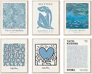 Matisse Wall Art Prints Set of 6, Abstract Blue Matisse Wall Art Exhibition Posters, Modern Blue Matisse Print William Morris Painting Yayoi Kusama Poster Claude Monet Prints, Boho Canvas Art Prints