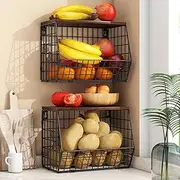 FORYUSE 2 Pack Fruit Basket Kitchen Storage Stackable with Wood Lid for Kitchen Countertop, Wall Hanging Wire Organiser for Snack, Vegetable with 4 Hanger Hooks