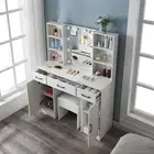 Modern Dressing Table Set Makeup Desk w/ LED Mirror Stool 3 Drawers Vanity Table