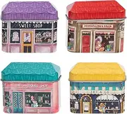 [STOBOK] 4Pcs Mini House Tin Boxes Tinplate Empty Containers for Candy Cookies Small Items Storage for Home Use and Festive Decor, Assorted Patterns
