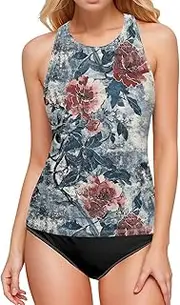 [AIXIWAWA] Women's Tankini Tops-Retro Floral Pattern, Swimsuit Top for Beach Pool Vacation S