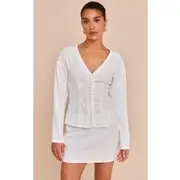 Petite White Collarless Hook And Eye Cinched Waist Long Top, White