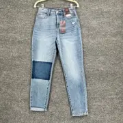 No Boundaries Super High Rise Mom Jeans Juniors 5 Patchwork Stretch Denim NWT