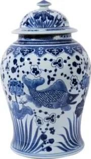 Temple Jar Vase Fish Lotus Flower Medium Blue White Ceramic Hand-Cr