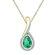 10k Yellow Gold Pear Created Emerald Solitaire Diamond Pendant 2 Cttw
