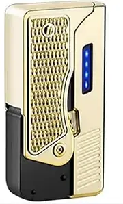 OLDENDO Butane Jet Torch Lighter Dual Arc Electric Lighter 2 in 1, Plasma Portable Foldable Dual Modes USB Rechargeable Windproof Flameless Lighterers (Gold)