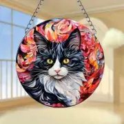 Suncatcher Black and White Cat Long Haired Gold Eyes Faux Stained Glass Acrylic