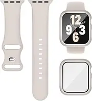 Compatible for Apple Watch Band 40mm 41mm 44mm 45mm and Case with Screen Protector, Soft Silicone Sport Strap Bands and Protective Cover with Tempered Glass for iWatch Series 9 8 7 SE 6 5 4