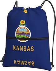EdWal Kansas State Flag Print Drawstring Backpack Gym Bags Sports Bags With Zipper Pocket For Travel Swimming Beach, Black, One Size