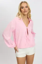 Pink Tie Up Front Top Long Sleeve - Size 10S, Women's Jacket