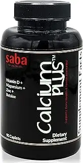 Saba Calcium Plus - Bone Strength - Calcium, Magnesium, Potassium, Vitamin D, Zinc, Betaine - GMO, Soy, Gluten Free Ingredients - Whole Food Supplement for Bone Health, Immune - 90 Caplets