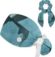 [FVQL] Set of 2 Working Hat with Hair Scrunchies, Ponytail Scrub Caps Women, Shack Fish Animal Pattern