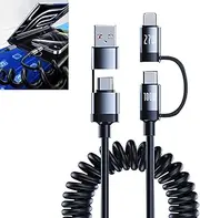 USB C to Lightning Cable, 4 in 1 for iPhone Lightning Cable, Coiled for iPhone Charger USB C, 100W Fast Retractable Car Charger, Core Combo Lightn-ing/Type C/USB A Ports for iPhone/Android/iPad