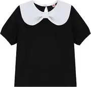 [LIONJIE] Girls Peter Pan Collar with Cute Bow Puff Short Sleeve Kids Fashion Shirts Summer Top Blouse