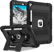 Cavor Case for iPad 10.2 inch 2019/2020/2021 7th 8th 9th Generation 3 in 1 Heavy Duty Rugged Shockproof Drop Protective Back Cover with Built-in Kickstand Pencil Holder,Black+Black