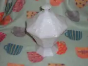 Vintage Anchor Hocking Milk Glass Pedestal Candy Dish- Grape/Leaf - Lid Octagon