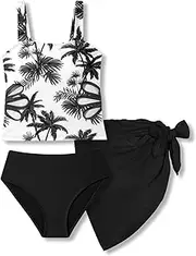 [Vitalique] 7-16 Years Girls 3-Piece Slim Fit Tankini Set - Crop Top, Bikini Bottom & Cover-Up Skirt Swimsuit