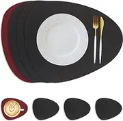 Neween Placemats and Coaster Set of 4, Oval PU Leather Placemats Non-Slip Wipeable Waterproof Table Mats, Double-Sided Heat Resistant Kitchen Dining Table Placemats for Hotel Restaurant (Black-Red)