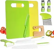 13 Pieces Montessori Kitchen Tools for Toddlers-Kids Cooking Sets Real-Toddler Safe Knives Set for Real Cooking with Plastic Toddler Safe Knives Crinkle Cutter Kids Cutting Board