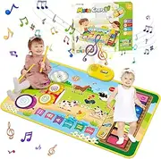 Piano Drum Kids Play Mat, Farm Piano Keyboard & Drum Set with 2 Drum Sticks, 3-in-1 Musical Mat Toys for Toddlers, Musical Instruments Montessori Toy for 1 2 3 4 5 Years Old Boy Girl Birthday Gift