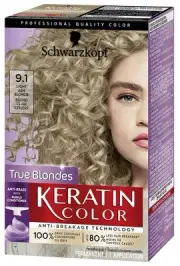 Schwarzkopf Keratin Color Permanent Hair Color Cream, 9.1 Light Ash Blonde, 1 Ki