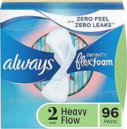 Always Infinity Feminine Pads for Women, Size 2 Regular, with wings, unscented, 96 count