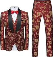 [JEShifangjiusu] Men's 3 Pieces 1 Button Flora Tuxedo Blazer Elegant Slim Fit Single Breasted for Prom Wedding Party Stylish Suit Dress Set Vest Pants, Red Gold, L