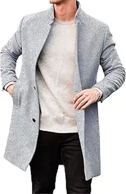 [Gsywaipei] Men's Collar Wool Blend Overcoat Winter Warm Slim Fit Trench Coat Single Breasted Classic Business Overcoats, Grey, 3X-Large
