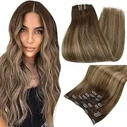 Full Shine Clip in Hair Extensions Clip in Remy Hair Extensions Balayage Color 4 Medium Brown to 24 Honey Blonde Highlight 4 Clip in Extensions Human Hair for Women 7 Pieces 80 Gram 12 Inch