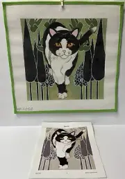 Ruth Schmuff Hand Painted Black White Cat Art Deco Needlepoint Canvas 13”Design