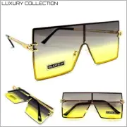Oversize Modern Retro Shield SUNGLASSES Large Gold Frame Flat Gray & Yellow Lens