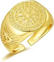 [Friggem] Viking Vegvisir Ring for Men Women 925 Sterling Silver Viking Compass Finger Ring Gold Viking Rune Ring for Men, Sterling Silver