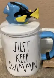 RAE DUNN PIXAR "JUST KEEP SWMMIN'", FINDING NEMO MUG WITH DORI TOPPER- NEW