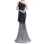 Nevenka Womens Asymmetric Ribbon Gradient Sequin Mermaid Long Prom Dress-Navy Blue