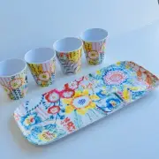 Morgan & Finch 4 Cups & Tray Melamine 5 Piece Set Floral Blue Yellow Summer