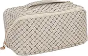 GIDARY Travel Makeup Bag for Women, Large Capacity PU Leather Waterproof Checkered Cosmetic Bags, Portable Pouch Open Flat Toiletry Bag, Make up Organizer with Divider and Handle Beige